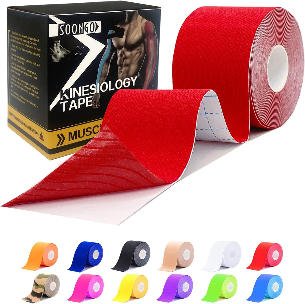 SOON GO Kinesiology Tape, 2IN x 16.4FT Uncut Athletic Tape, Waterproof Breathable Latex-Free, Muscle Recovery & Joint Support,Red (1/2/5 Rolls)