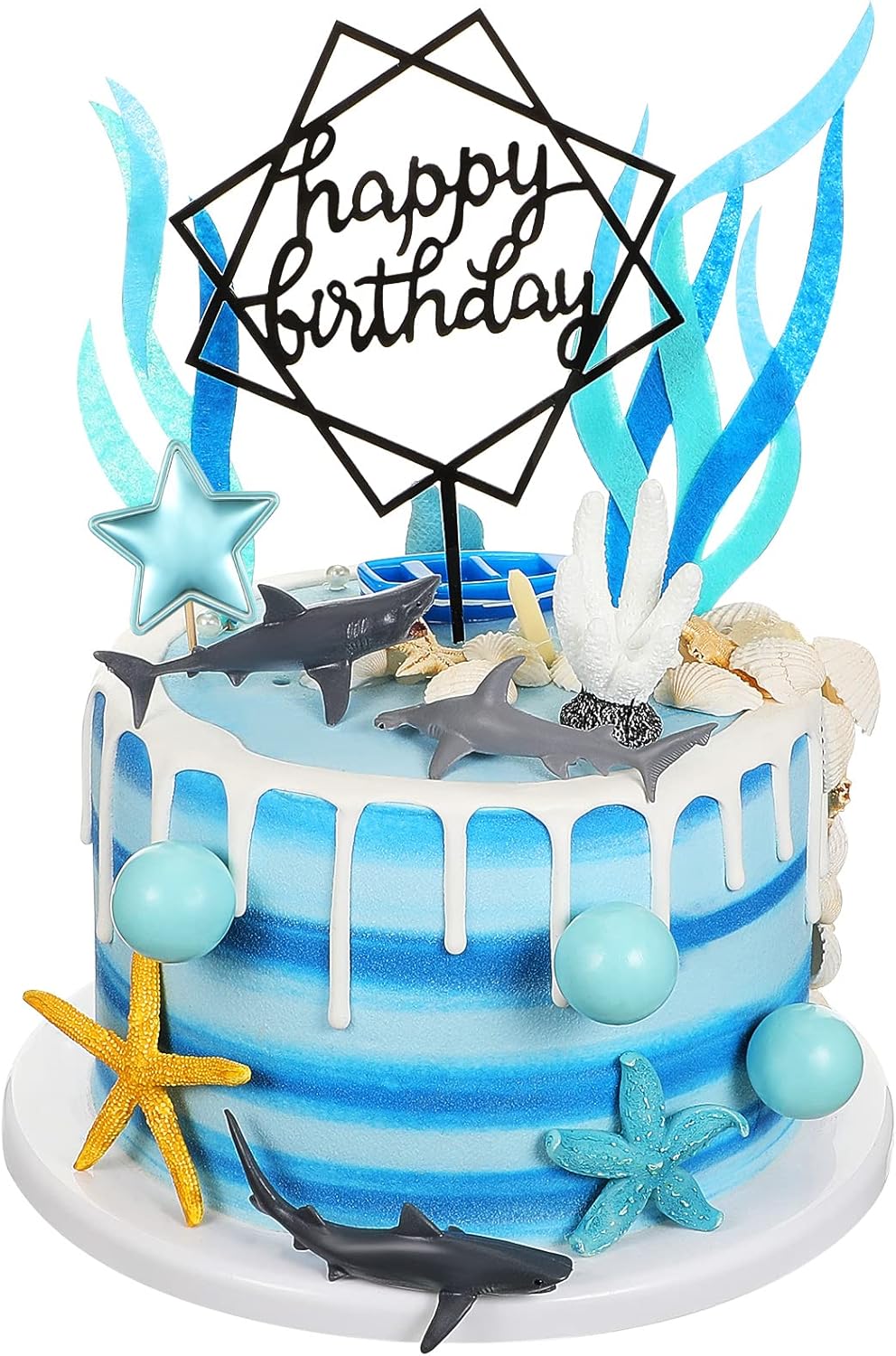 21 Pack Shark Cake Topper Sea Creatures Shark Figurines Decoration Starfish Sea Grass Coral Cake Decorations Ocean Theme Birthday Party Decorations DIY Star Balls for Baby Shower