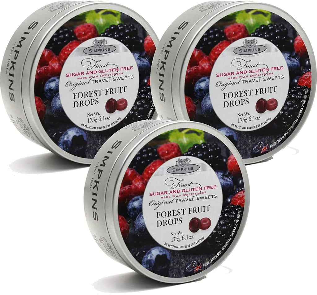 Simpkins Sugar and Gluten Free Forest Fruit Travel Sweets 175g Tin (Pack of 3)
