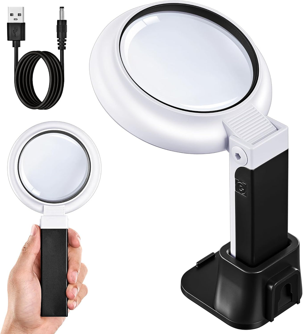 JARLINK Magnifying Glass with Light and Stand, 3-Mode Illuminated Magnifying Glass for Seniors Reading & Close Work, Handheld/Foldable Design with USB/Battery Power for Jewelry, Coins, Crafts