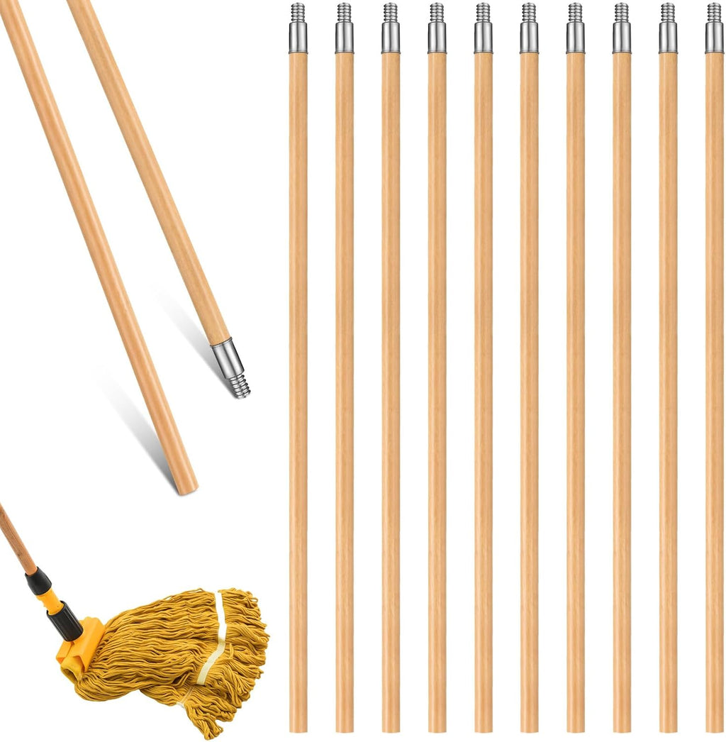 Barydat 55 Inch Lacquered Wood Broom Handle with Metal Threaded Tip Heavy Duty Natural Lacquered Wood Handle for Floor Home Office Commercial, 1" Diameter(10 Pack)