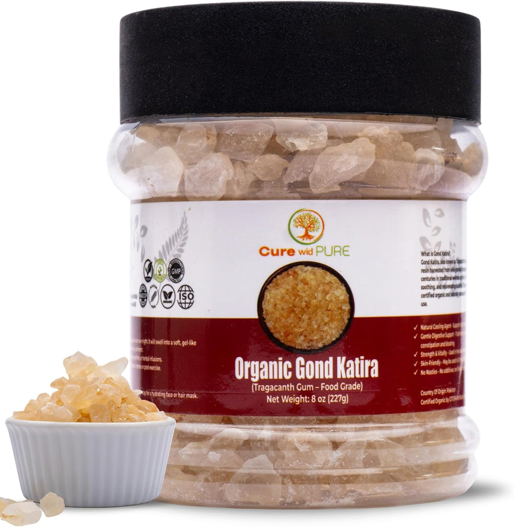 Cure Wid Pure Organic Gond Katira 8oz – Food Grade Tragacanth Gum | All-Natural, Non-GMO, Gluten-Free, Salt-Free Ayurvedic Edible Gum | Natural Thickener & Versatile Wellness Ingredient