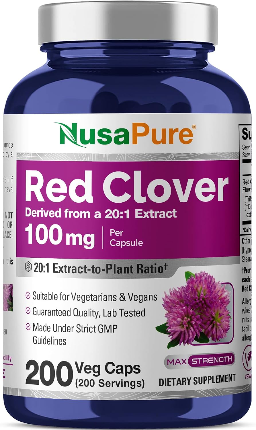 NusaPure Red Clover Blossoms Capsules, 100 mg, 200 Veg Capsules (Non-GMO, Vegan)