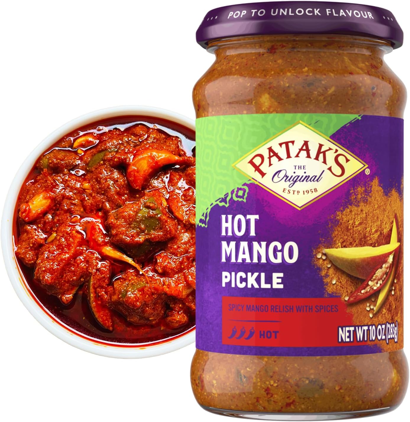Patak’s Hot Mango Pickle - Authentic Indian Relish w/Mango Chunks, Mustard Seeds & Aromatic Spices – Perfect for Sandwiches, Salads & Cold Meats - Vegan Spicy Pickle - 10oz Jar (Pack of 6)