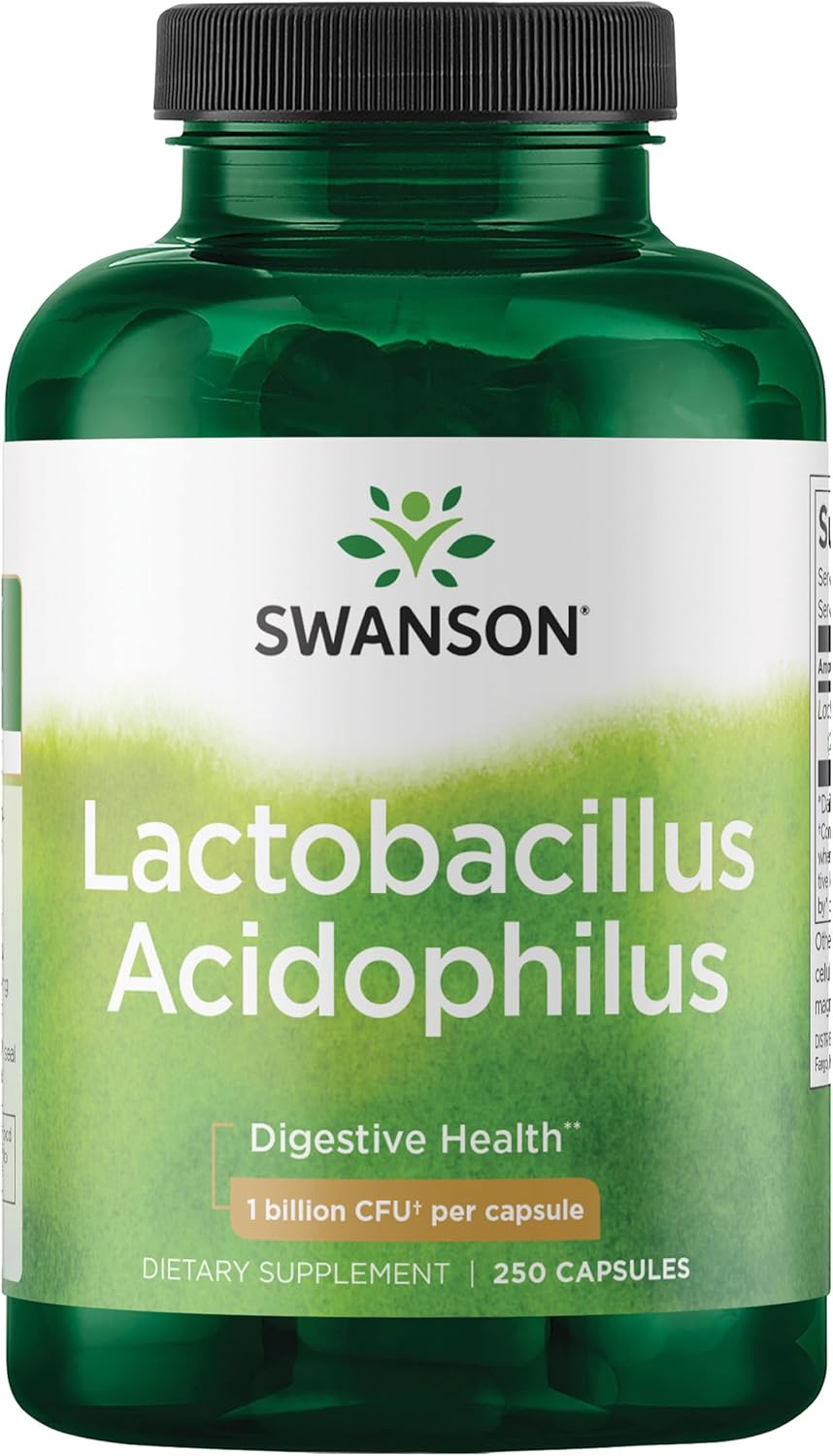 Swanson Lactobacillus Acidophilus Probiotic for Adults Seeking Daily Digestive and Bowel Health Support with 1 Billion CFU - Acid-Resistant (250 Capsules)