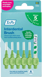 TePe Interdental Brush Original, Soft Dental Brush for Teeth Cleaning, Pack of 6, 0.8mm, Large Gaps, Green, Size 5