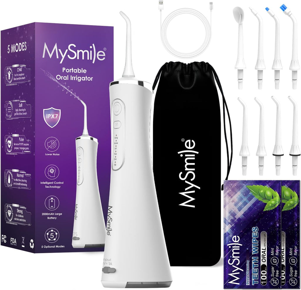 MySmile LP211 Water Flosser Cordless for Teeth, 5 Modes Portable Oral Irrigator, 260ML Water Dental Picks for Sensitive Teeth Cleaning, IPX7 Travel Rechargeable Water Flossing &2 Teeth Wipes