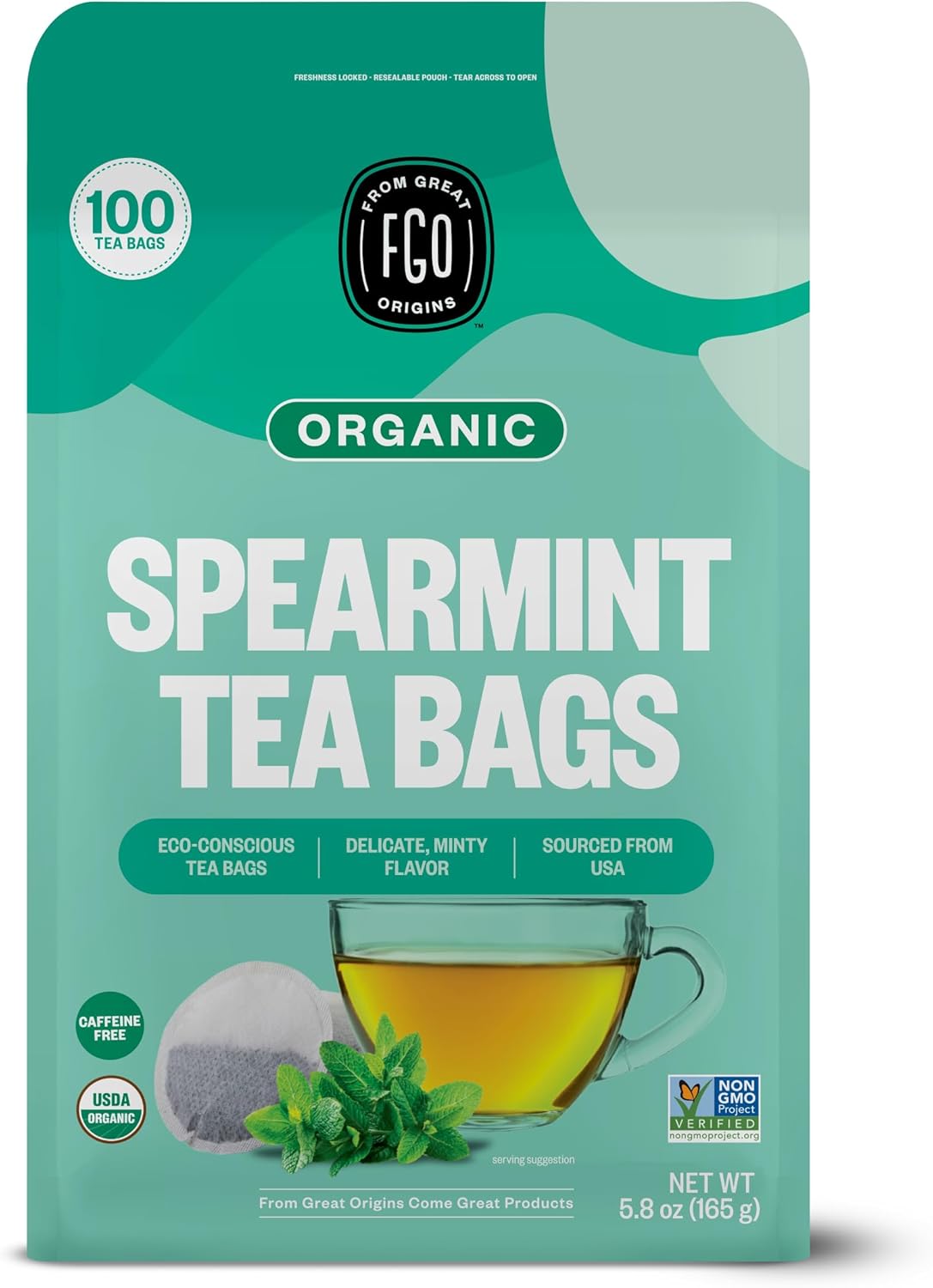 FGO Organic Spearmint Leaf Tea, 100 Count, Eco-Conscious Tea Bags, Caffeine Free, Resealable Bag, Packaging May Vary (Pack of 1)