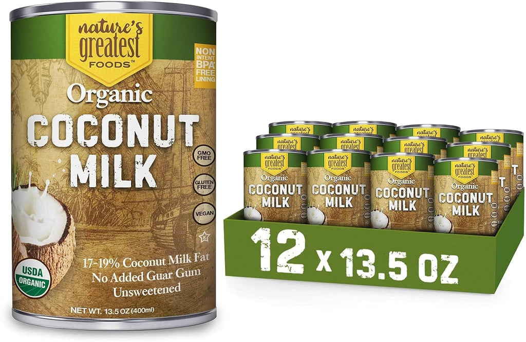 Nature's Greatest Foods Organic Coconut Milk - 13.5 oz, No Guar Gum, No Preservatives Gluten-Free, Vegan and Kosher - 17-19% Coconut Milk Fat, Unsweetened (12-Pack)