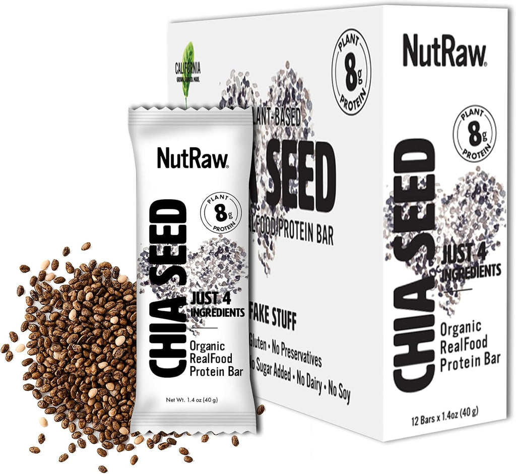 NutRaw Organic Chia Seed Bar, 12 Pack (1.4 oz) – Vegan Protein Bar with 8g Plant Protein & 6g Fiber – Clean Ingredient Chia Snack Bar, Gluten Free, No Added Sugar