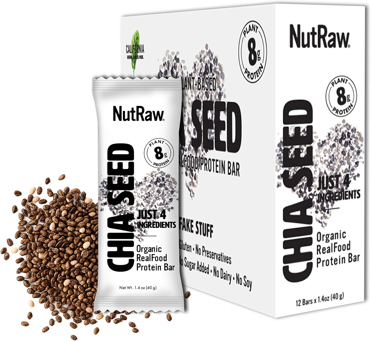 NutRaw Organic Chia Seed Bar, 12 Pack (1.4 oz) – Vegan Protein Bar with 8g Plant Protein & 6g Fiber – Clean Ingredient Chia Snack Bar, Gluten Free, No Added Sugar