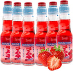 Ramune Japanese Marble Soda Strawberry Flavor, 6-pack carbonated soft drinks in glass bottles, classic Japanese fizzy beverage, fun marble bottle, imported from Japan