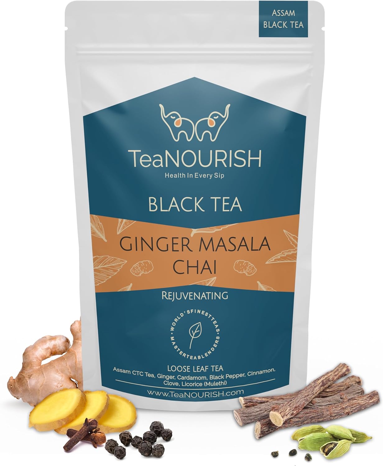 TeaNOURISH Ginger Masala Chai Tea | Assam CTC Loose Black Tea | Blended with Authentic Indian Spices | Indian Ginger Tea | 100% NATURAL INGREDIENTS - 3.53oz/100g
