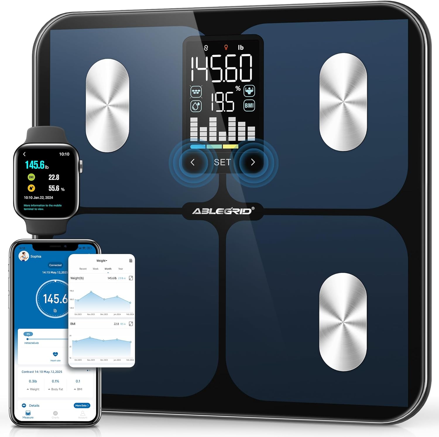 ABLEGRID Smart Bathroom Scale for Body Weight, Digital Body Fat Scale with LED Column Trend Display, BMI,Muscle Mass,Body Type, Accurate Home Weighing Scale for People with APP-Free Mode, 400lb