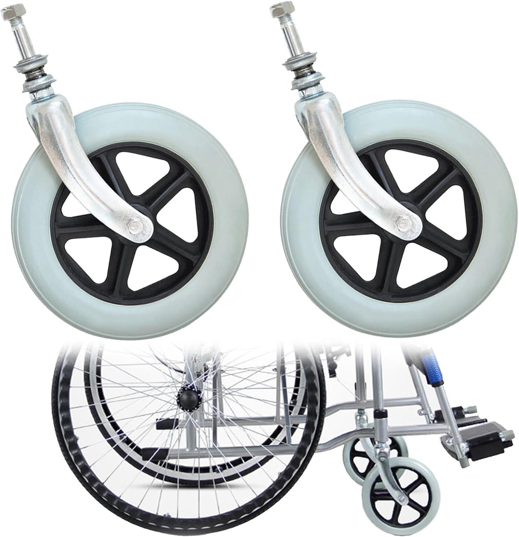 LIGUOYI 2 Pcs Wheelchair Front Wheels Replacement, Wheelchair Caster Assembly, 6" 7" 8" Front Wheels with Front Forks, 1/2" Mounting Axle Solid Rubber Front Rear Caster, 265-lb Load Capacity