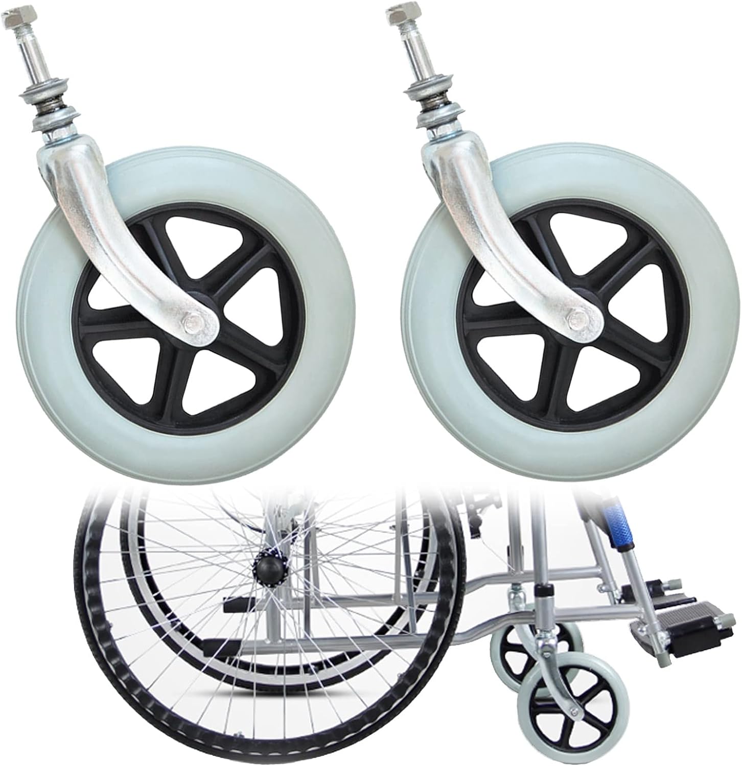 LIGUOYI 2 Pcs Wheelchair Front Wheels Replacement, Wheelchair Caster Assembly, 6" 7" 8" Front Wheels with Front Forks, 1/2" Mounting Axle Solid Rubber Front Rear Caster, 265-lb Load Capacity