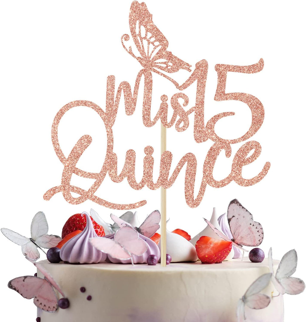 Mis Quince Cake Topper, 15th Birthday Decorations, Feliz 15 Anos Decorations, Cheers to 15 Years Birthday Party Supply Rose Gold Glitter