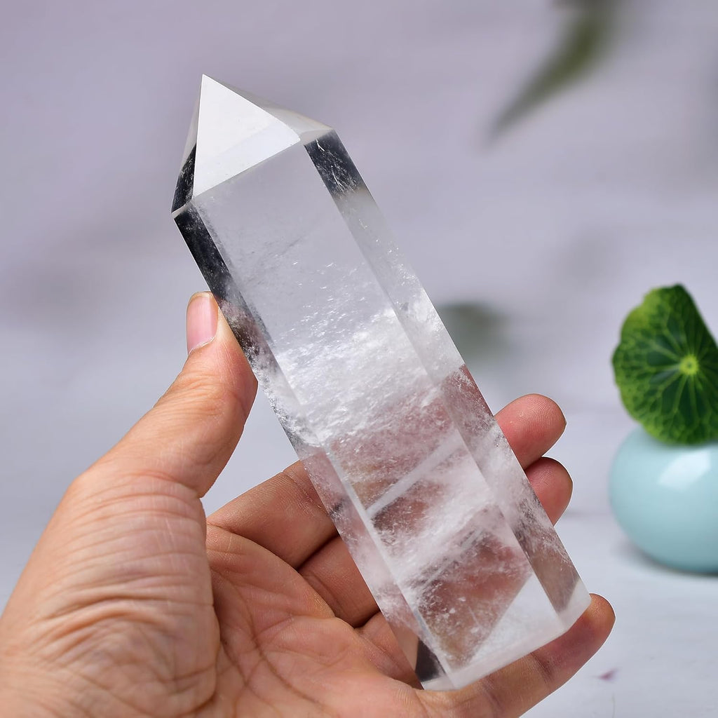 Large Clear Quartz Healing Crystal Towers 5.9" -6.1" Natural Crystal Wand 6 Faceted Chakra Crystal Point Reiki Meditation Therapy Home Decoration Gift (1-1.2lb)