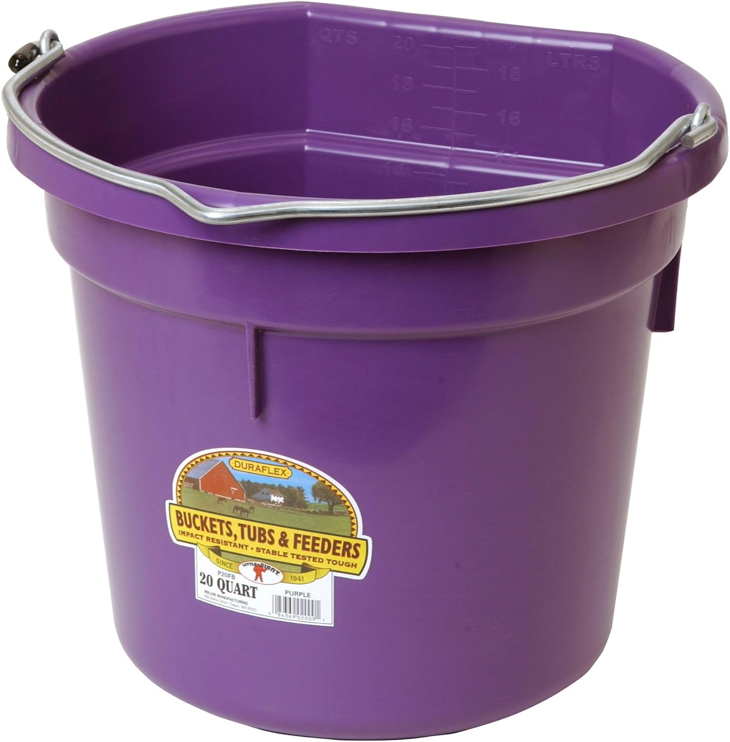 Little Giant® Flat Back Plastic Animal Feed Bucket | Animal Feed Bucket with Metal Handle | Horse Feed & Water Bucket | 20 Quarts | Purple