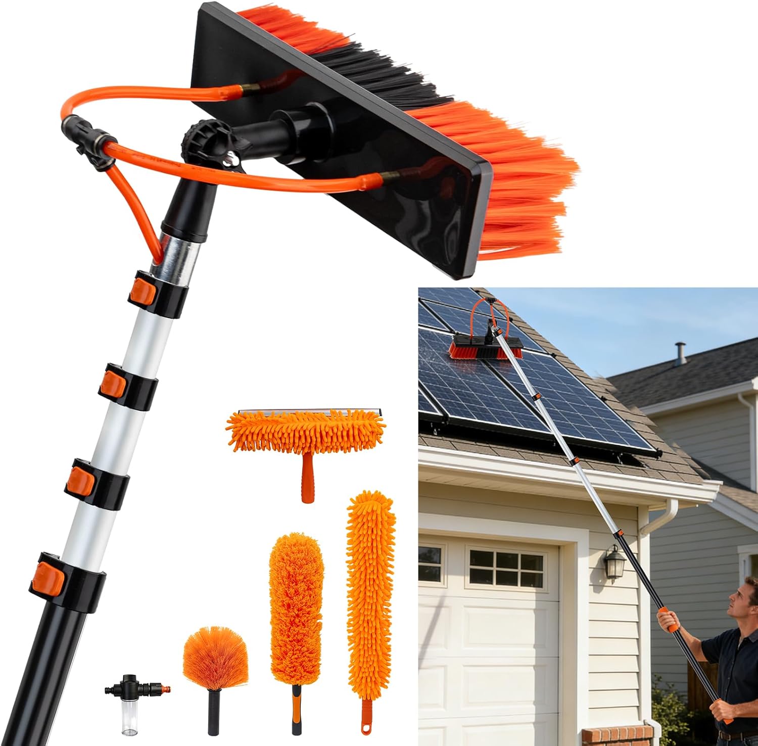 24FT Water Fed Pole Window Cleaning System & Solar Panel Cleaning Kit, Professional Window Washing Kit with Extension Pole, 180° Rotating Brush & Soap Dispenser