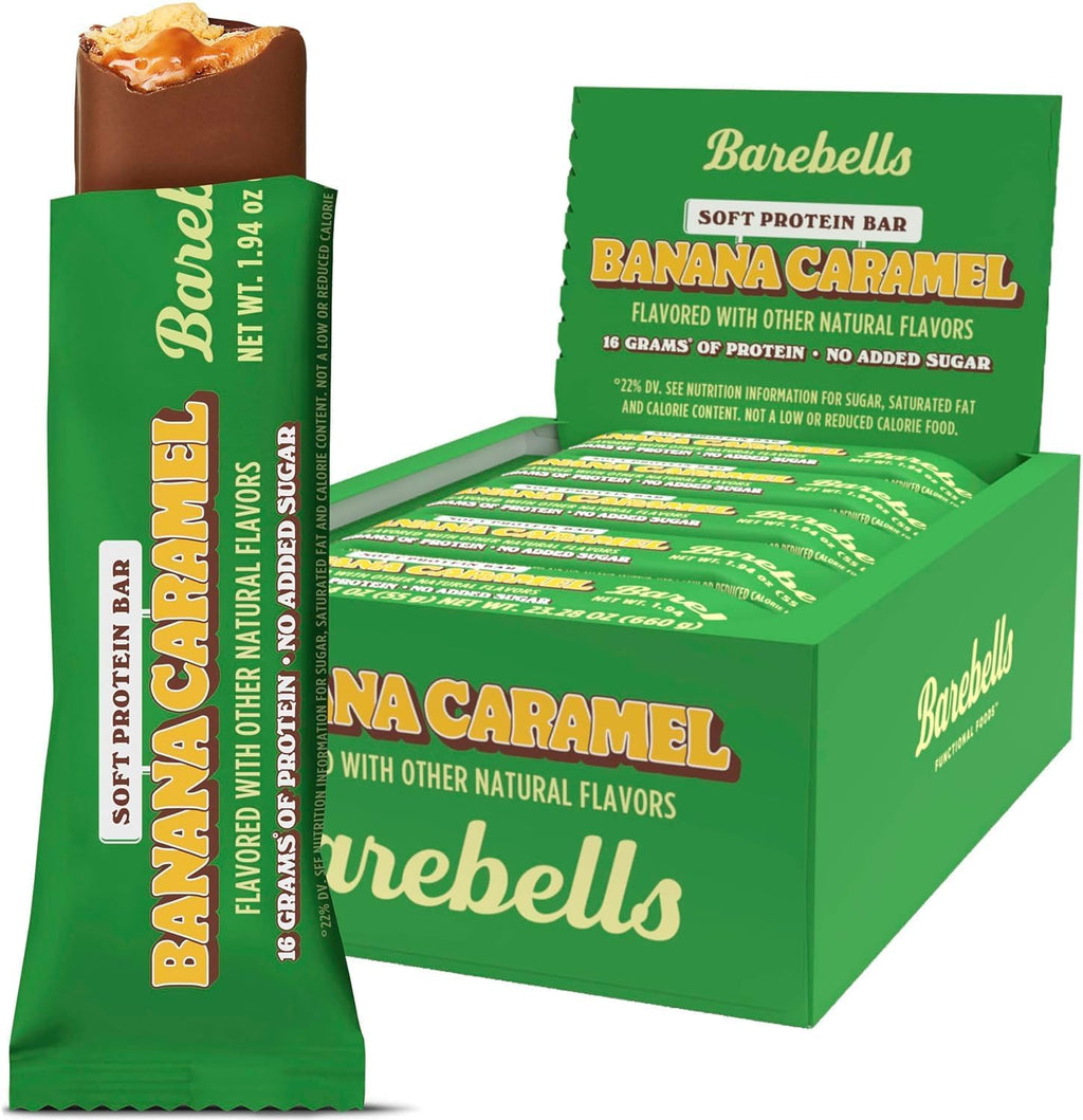 Barebells Soft Protein Bars Banana Caramel - 12 Bars (1 pack of 12) - Protein Snacks with 16g of High Protein - Fluffy Chocolate Treat with 2g of Total Sugars - Soft Protein Snack & Breakfast Bars