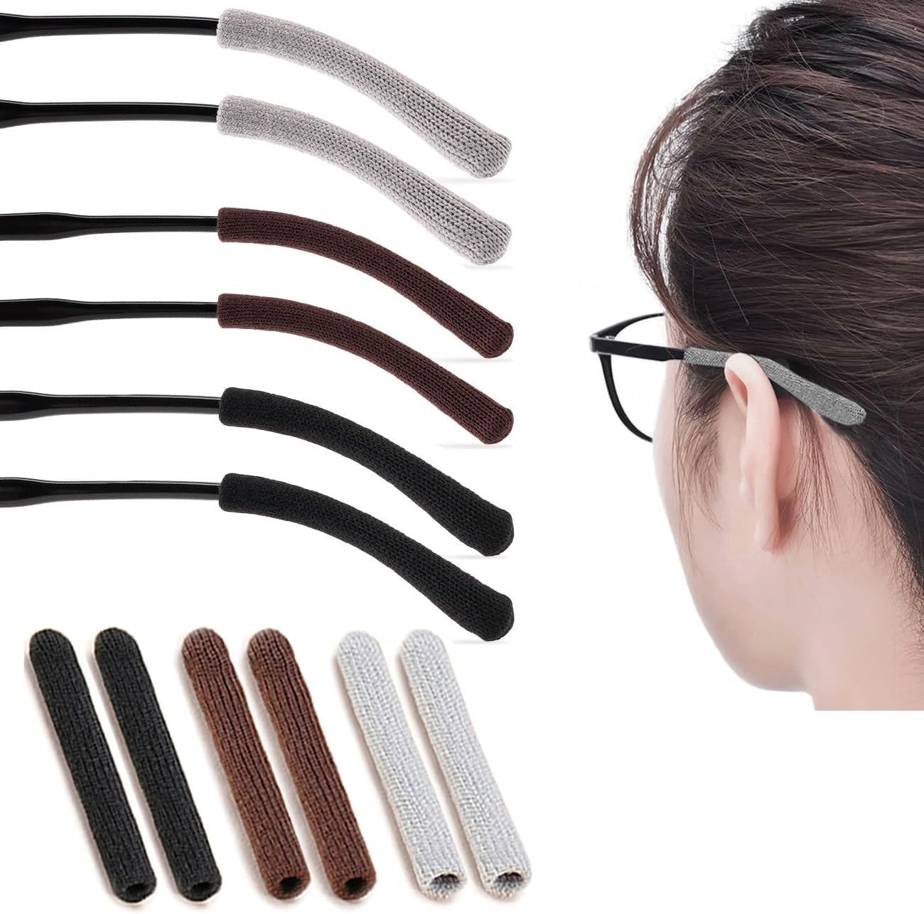 3 Pairs Eye Glasses Ear Grippers Cushions Eyeglasses Temple Tips Sleeve Protectors Anti Slip Soft Knitting Cotton Elastic Eyeglass Ends Arm Covers Glasses Slip Preventer