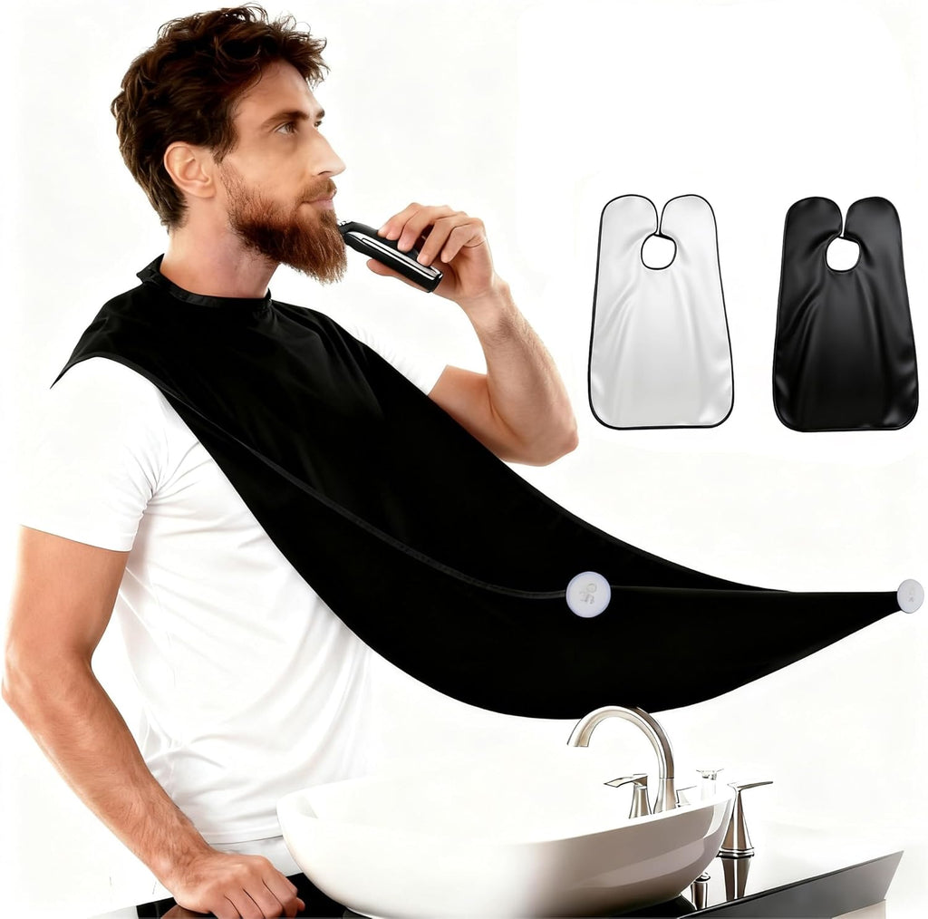 Beard Bib Apron for Men, 2 Pack Hair Catcher for Shaving & Trimming, Non-Stick Shave Cape with Suction Cups, Men's Grooming Accessories, Gifts for Husband Dad Boyfriend (Black & White)