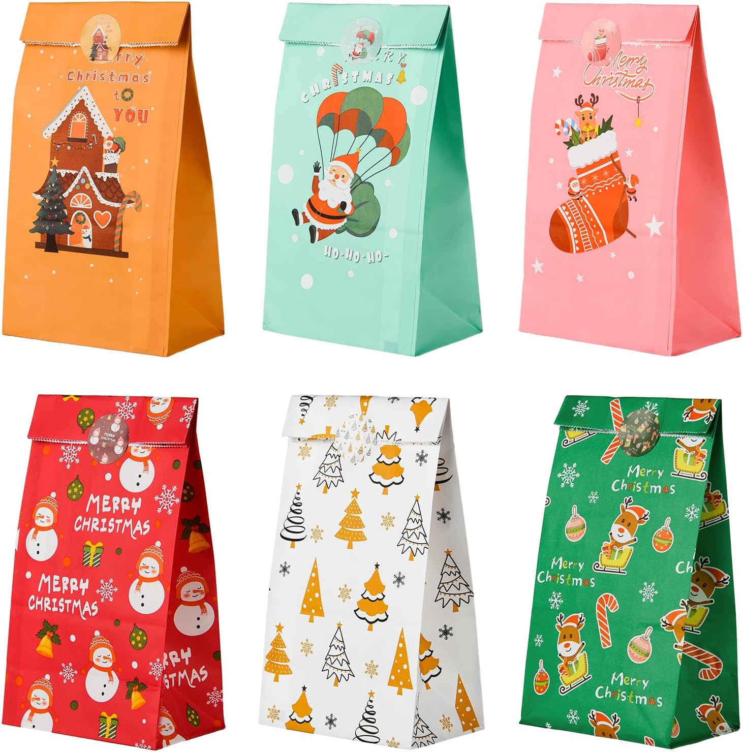 NACHLYNN Christmas Gift Bags 30 Pcs Kraft Paper with 30 Pcs Christmas Stickers Goody Bag for Party Favors Supplies Kraft Holiday (Multicolor)