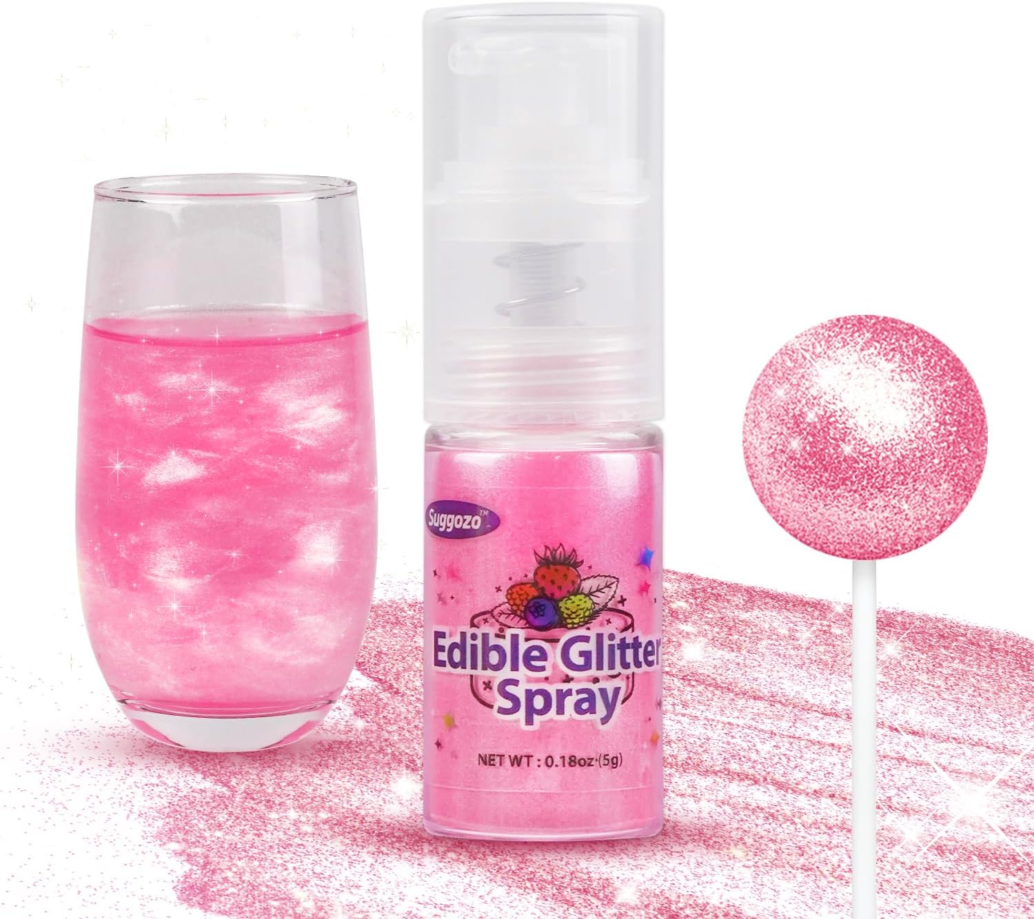 Pink Edible Glitter Spray for Cake Decorating, Food Grade 5g, Glitter Shimmer Luster Dust for Drinks, Cocktails, Cupcakes, Baking, Wedding Party Holiday Dessert Supplies