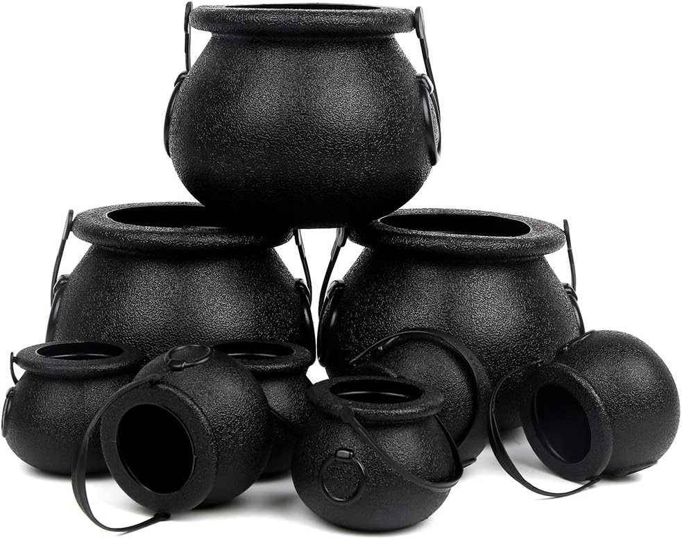 CCINEE Black Cauldron with Handle, 4Inch Plastic Candy Kettle Bucket for St.Patrick's Day, Candy Holders for Halloween Witch Party Favor Decor,Pack of 9