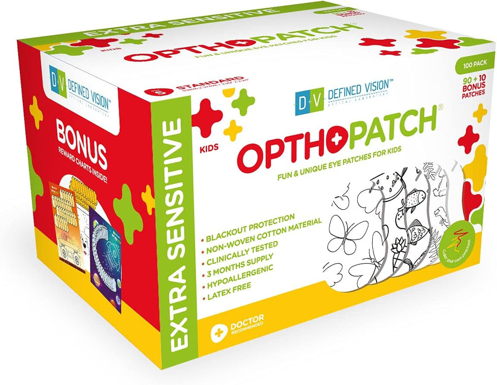 Opthopatch Eye Patches for Kids - Extra Sensitive Adhesive - Color Your Own Patch - 100 Count + 3 Reward Charts