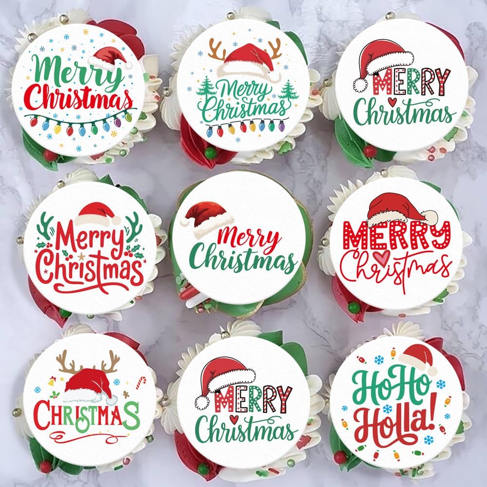 36PCS Edible Christmas Hat Cupcake Toppers Wafer Paper Merry Christmas HoHoHo Cupcake Picks for Holiday Theme Christmas Party Baby Shower Birthday Supplies