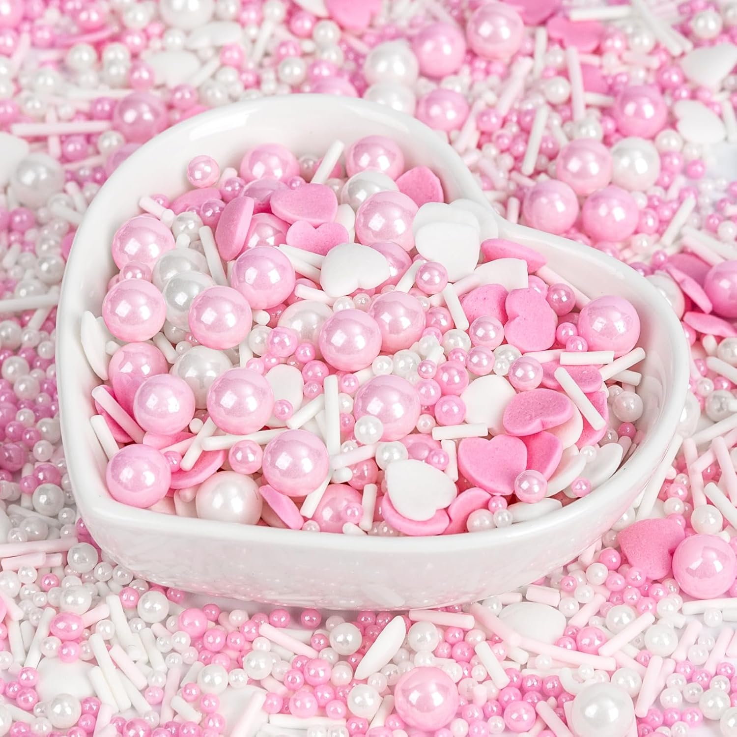 Edible Heart Sprinkles for Cake Decorating,White Pink Pearl Sugar Jimmies Mix Size 130g/4.58oz,Baking Candy Decorations,Cupcake Toppers,Cookie Donuts Ice Cream Dessert Decorating,Wedding Birthday Party Mother's Day Easter Supplies