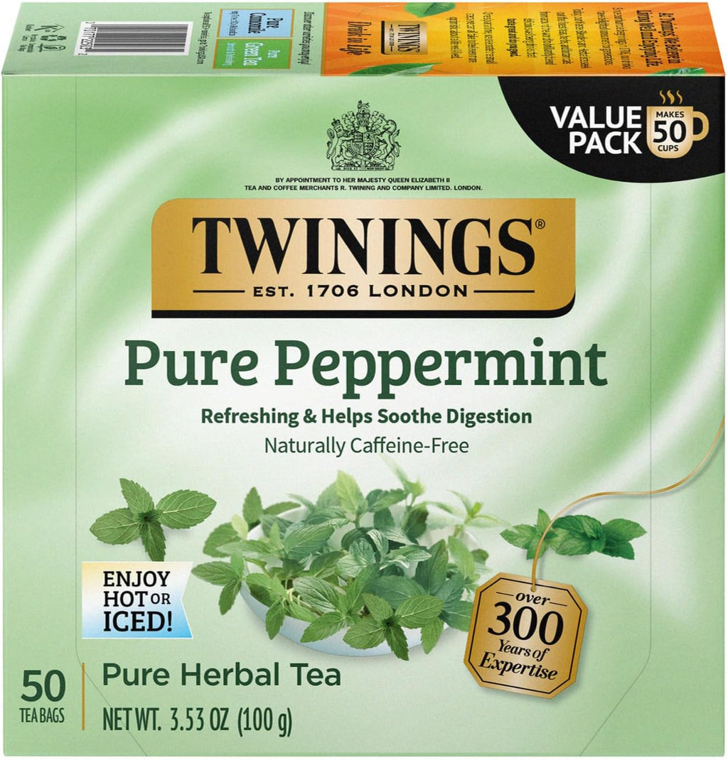 Twinings Pure Peppermint Tea - Naturally Caffeine Free, Refreshing Mint Herbal Tea Bags Individually Wrapped, 50 Count