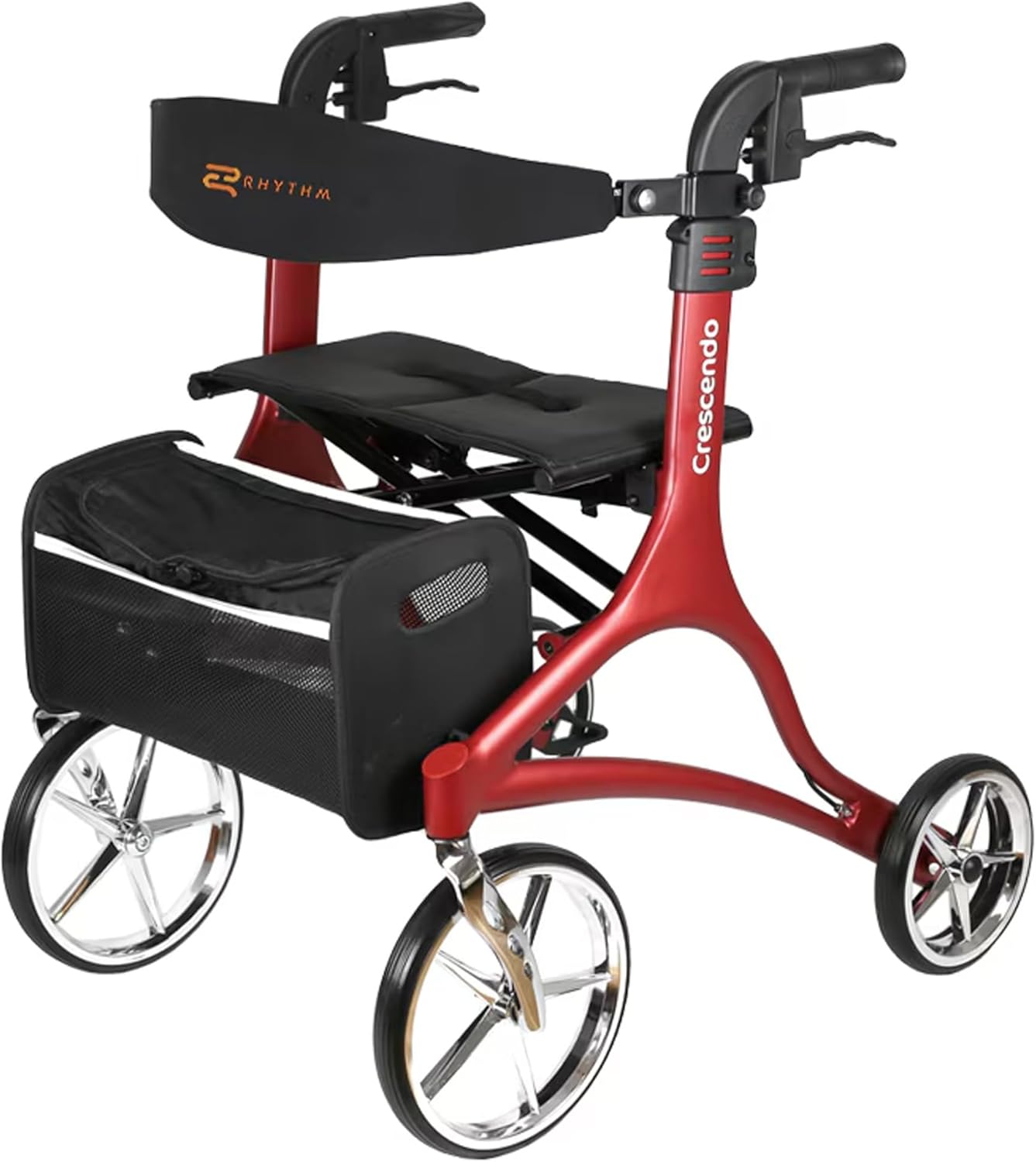 Rhythm Healthcare Crescendo Rollator 4 Wheel Walker with Height and Depth Adjustable Backrest, Foldable Design and Removable Tote Bag, Matte Red