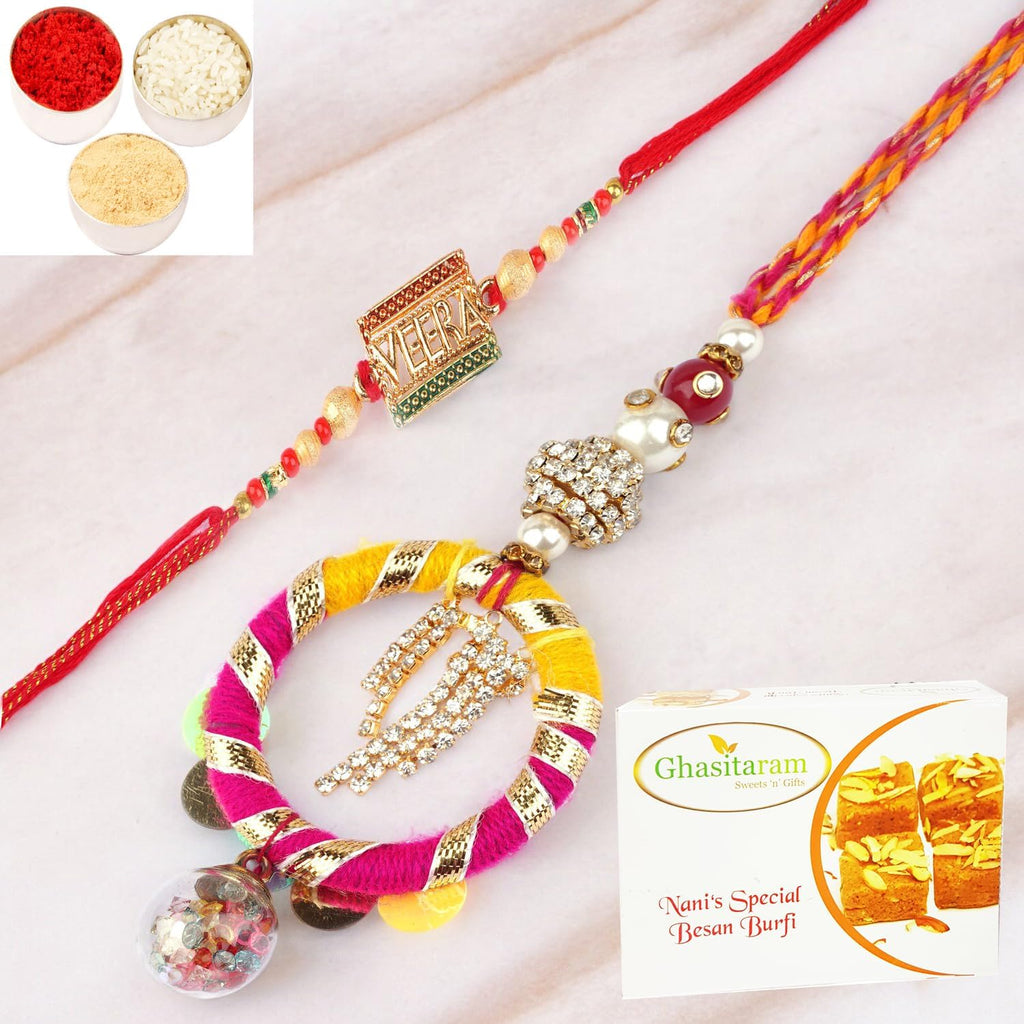 Ghasitaram Gifts Rakhis Online - Rakhi for Brother- RM-130 Bhaiya Bhabhi Rakhi with 400 GMS of Besan Barfi