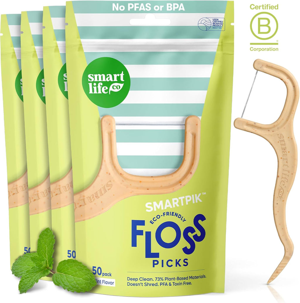 SmartLifeco Eco-Friendly Dental Floss Picks (200ct) - Flossers Made with Straw Wheat Blend, Superior Anti-Shred Thread for Tight Gaps, Tooth Pick Stick for Adults, Soft on Gum & Teeth, Vegan, Mint