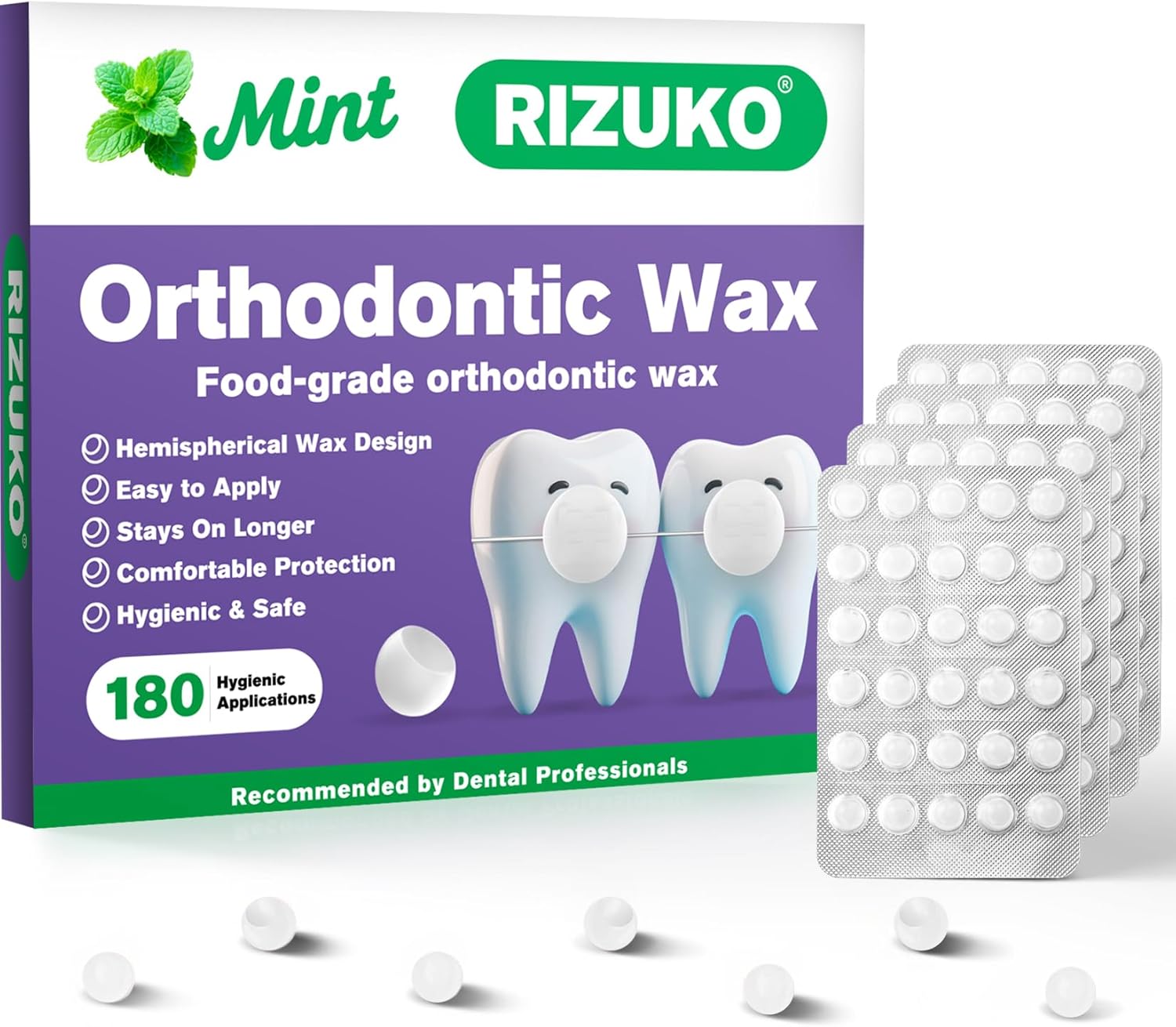 Orthodontic Wax for Braces - 180 Dental Wax Dots | Hygienic Individual Wraps, Mint Flavor