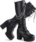 Ladies' Boots Women Fashion Platform Block Heels Knee High Boots Lace up