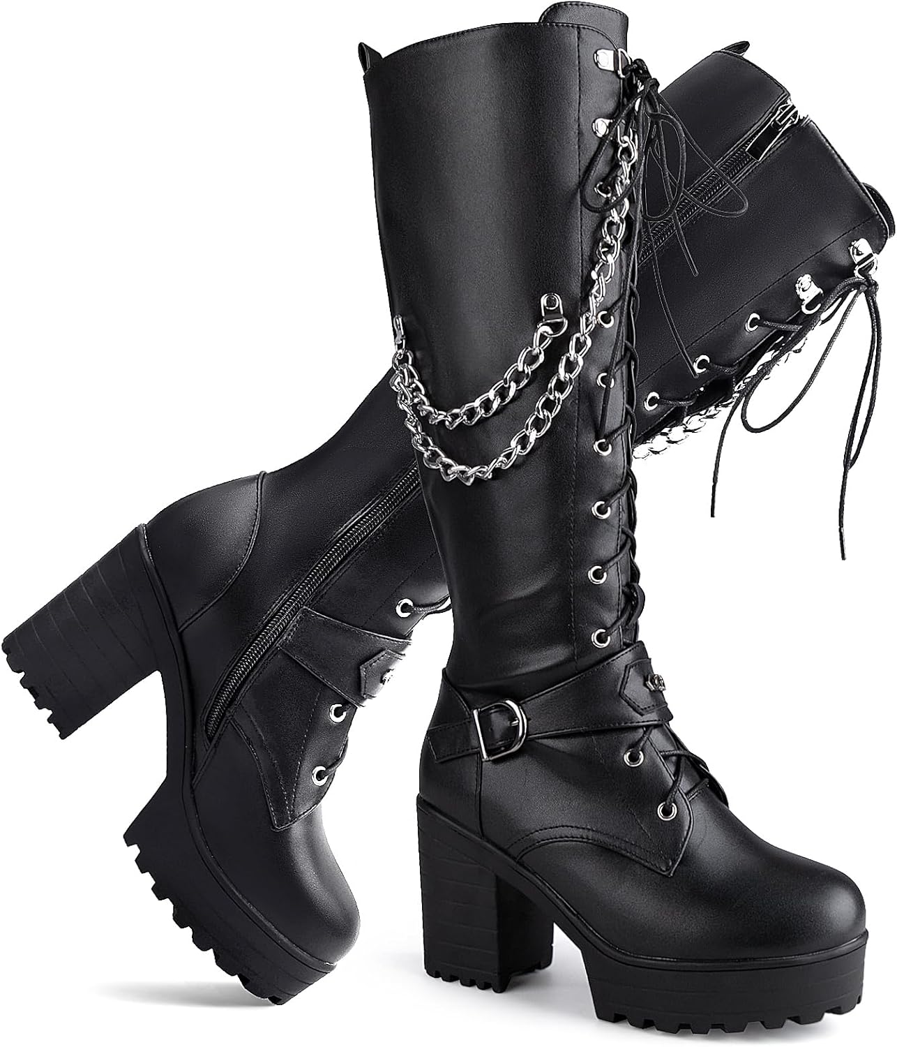 Ladies' Boots Women Fashion Platform Block Heels Knee High Boots Lace up