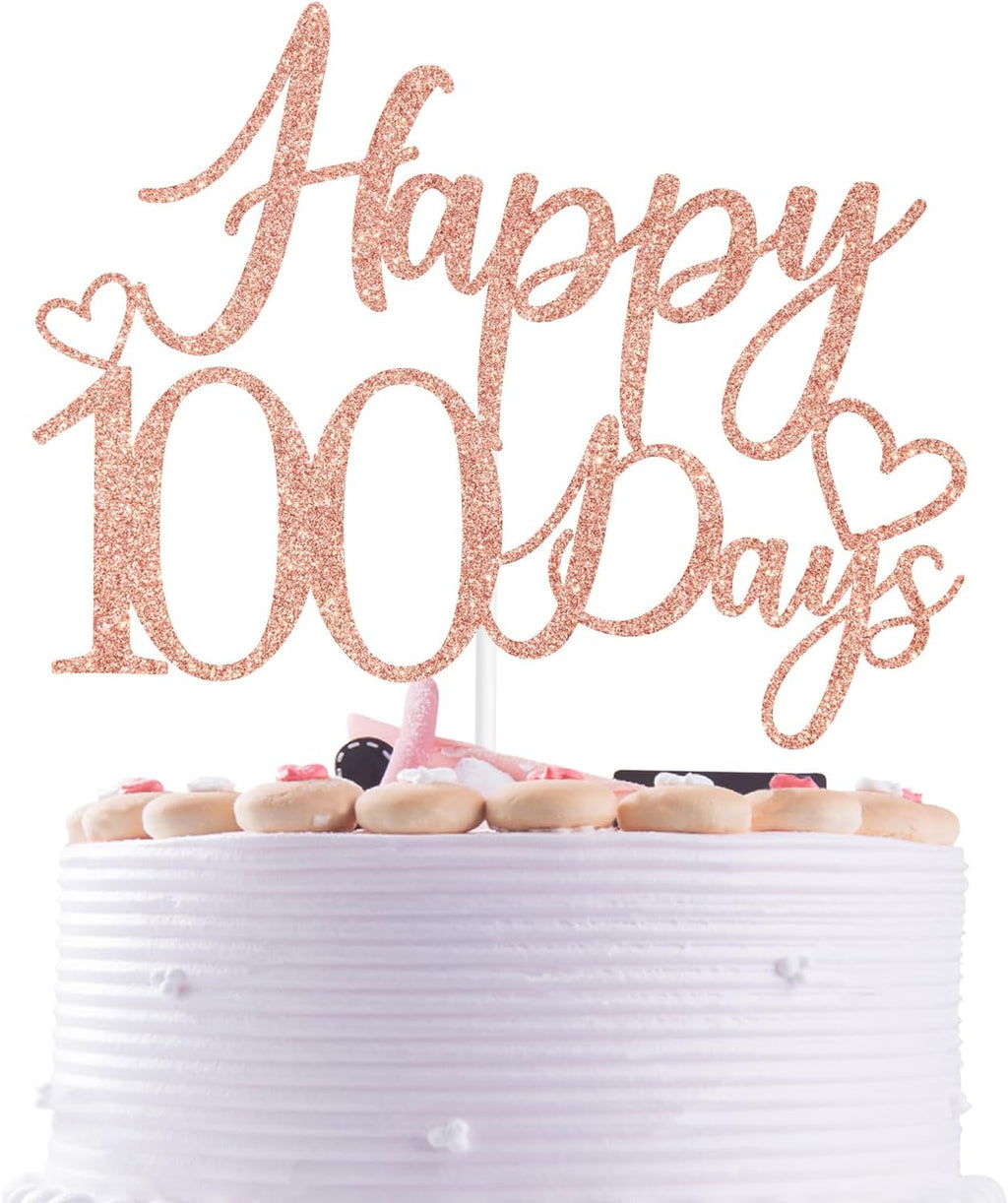 Rose Gold Glitter Happy 100 Days Cake Topper, Sweet 100 Days/Oh Baby, Funny Baby's Half Birthday 100 Days Birthday Party Decorations Supplies