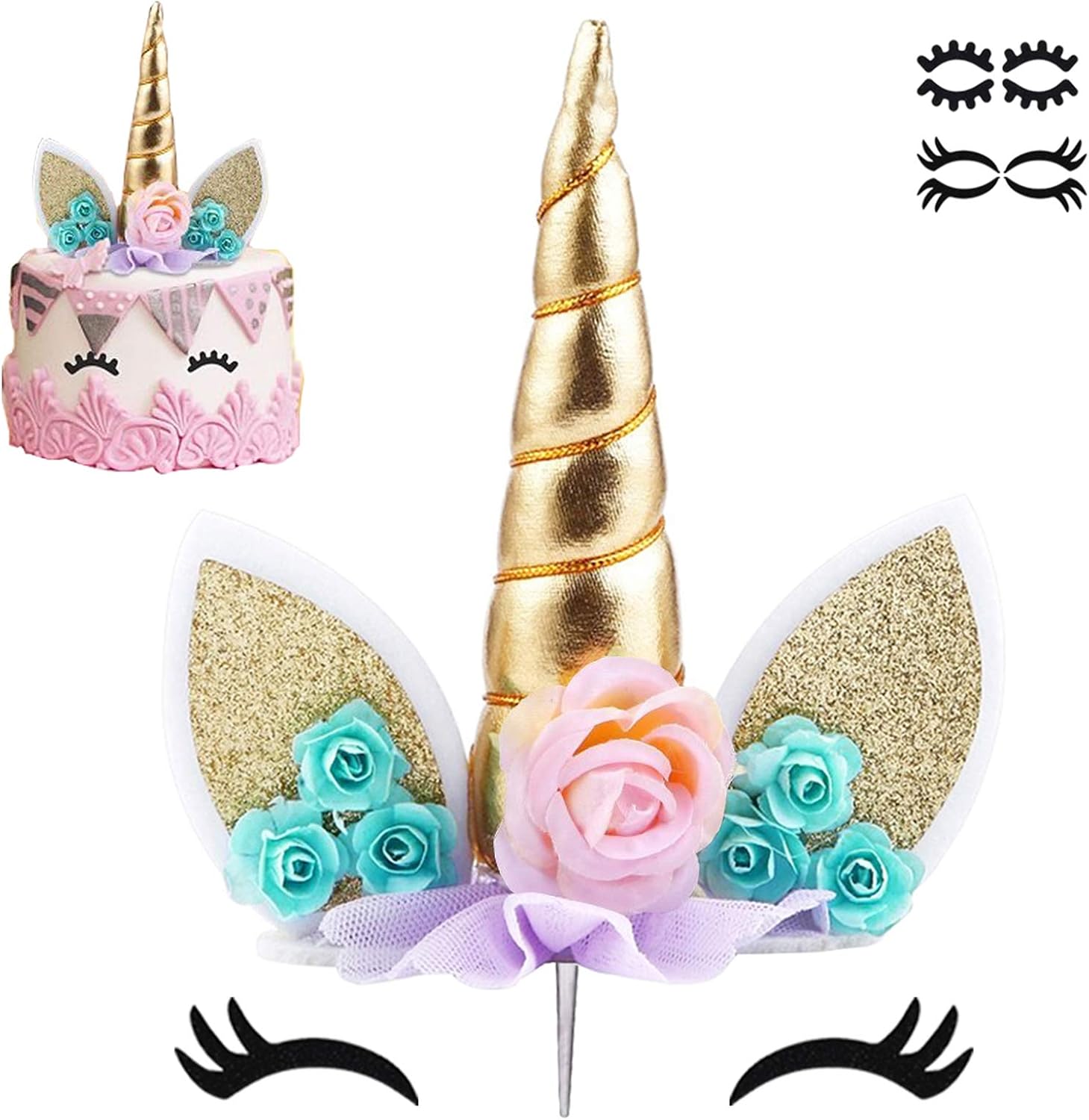 Zkptops Unicorn Cake Topper Birthday Party Supplies Unicorn Birthday Decorations Gold Horn Cake Topper Accessory with Eyelashes Cute Handmade Reusable Cake Toppers for Girls Kids Women 5.8 Inch