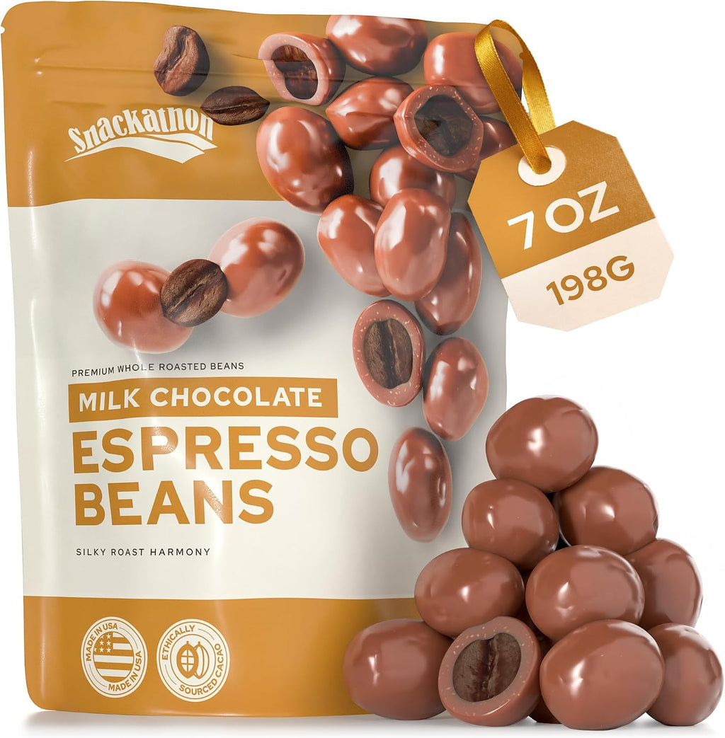 Snackathon Milk Chocolate Covered Espresso Beans, 7 OZ Resealable Bag, Smooth & Creamy Gourmet Candy Snack for Coffee Lovers