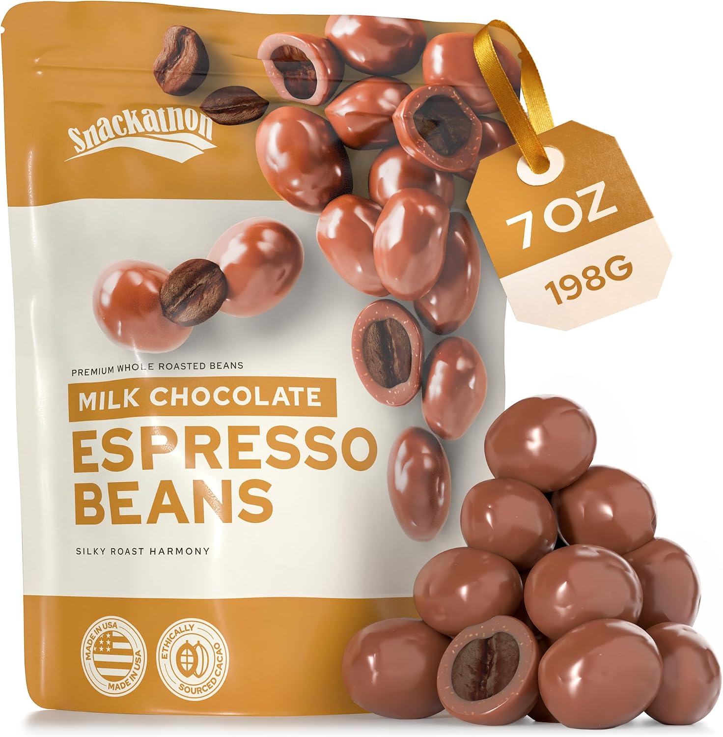 Snackathon Milk Chocolate Covered Espresso Beans, 7 OZ Resealable Bag, Smooth & Creamy Gourmet Candy Snack for Coffee Lovers