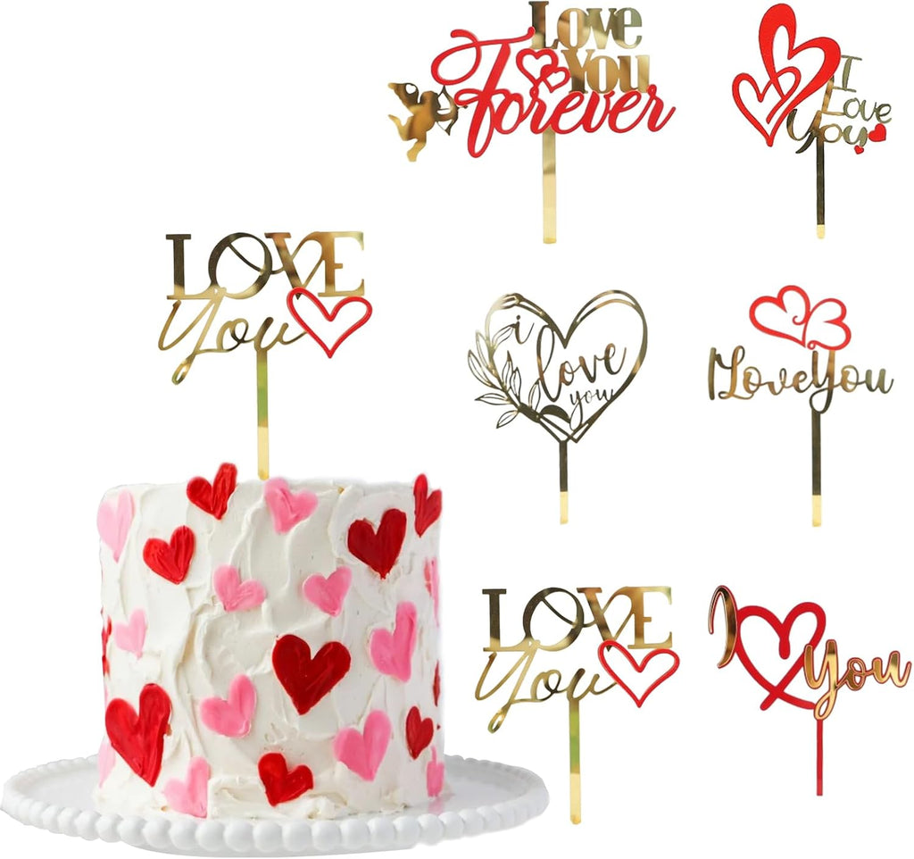 6 Pcs Love Heart Cake Topper Cake Decoration for Valentine's Day Wedding Mother's Day, Acrylic Gold Cupcake Topper Picks Love You Letter Cake Topper for Party Cake Desserts Decor Supplies