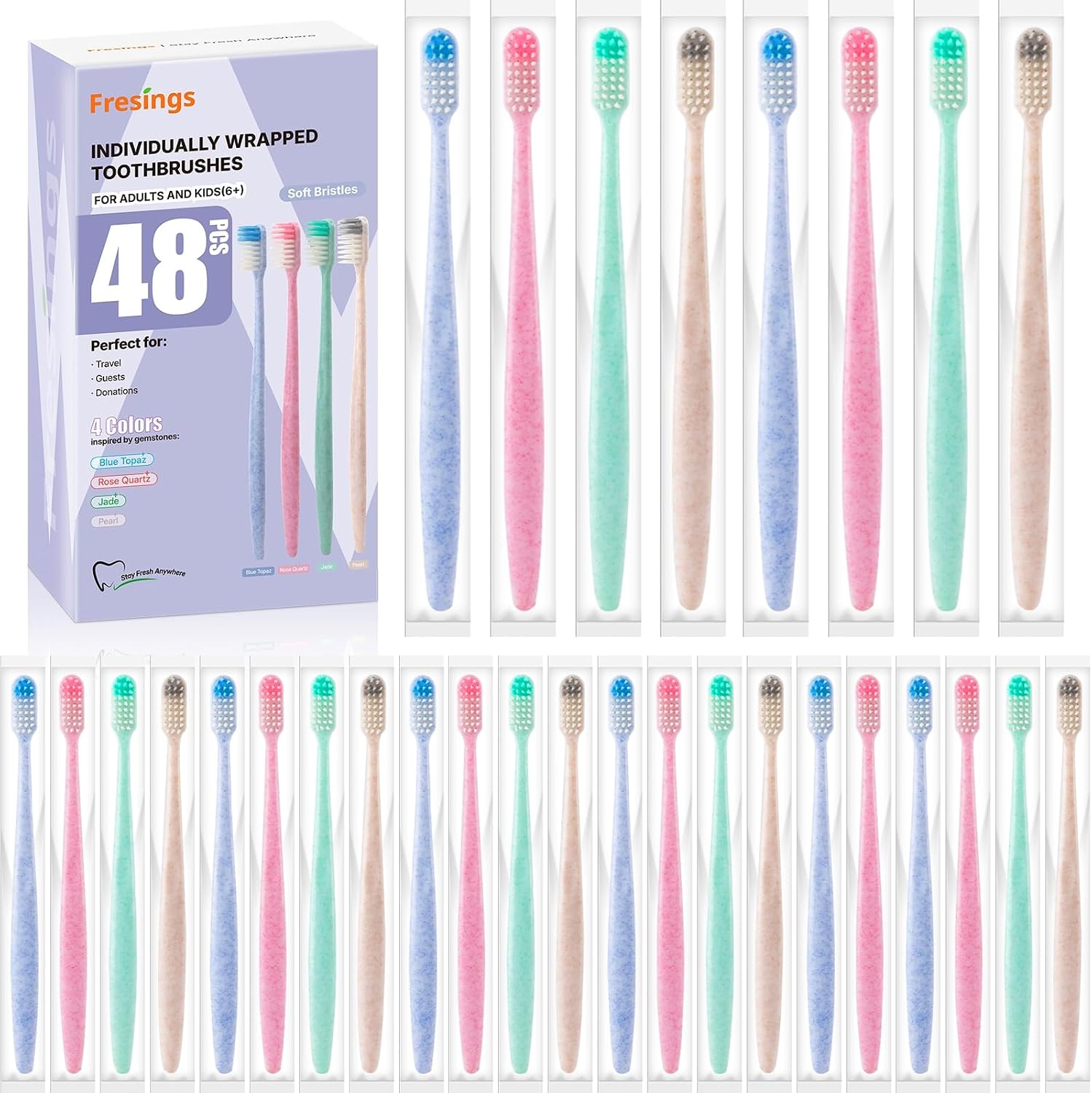 48-Pack Disposable Toothbrushes Individually Wrapped, Soft PBT Bristle Bulk Portable Travel Toothbrushes for Adults & Kids, Guest Bathroom, Hotel, Camping, Donation - 4 Gemstone Colors