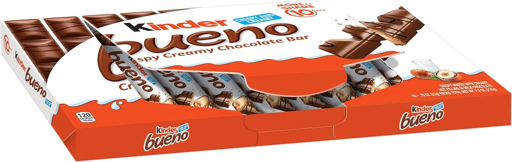 Kinder Bueno Milk Chocolate Bar with Crispy Wafer and Hazelnut Cream, 10 Individually Wrapped Bars per Pack, 7.5 oz