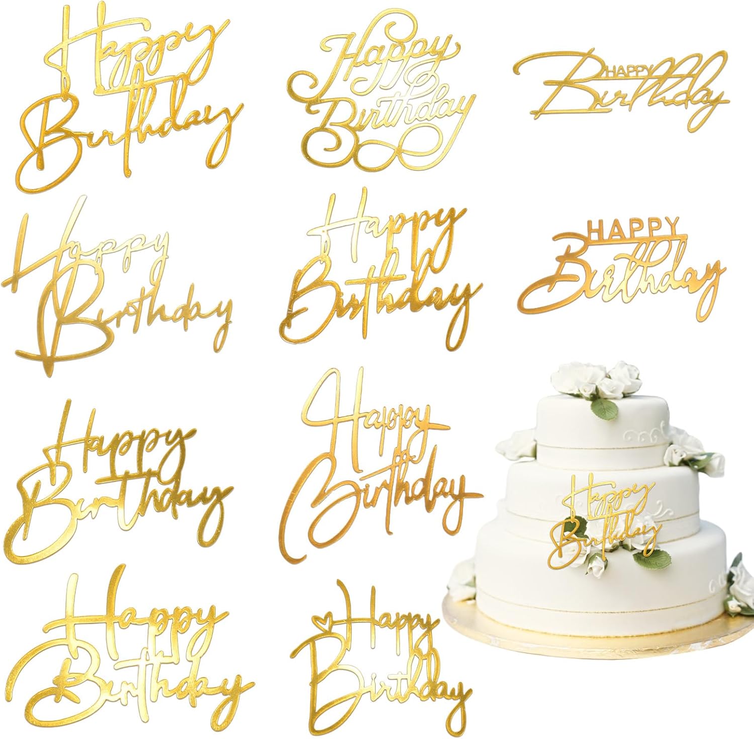 10PCS Gold Happy Birthday Cake Toppers Mirror Acrylic Cake Toppers, Gold Acrylic Birthday Cupcake Toppers for DIY Cake Decor Cake Tools Birthday Party Supplies