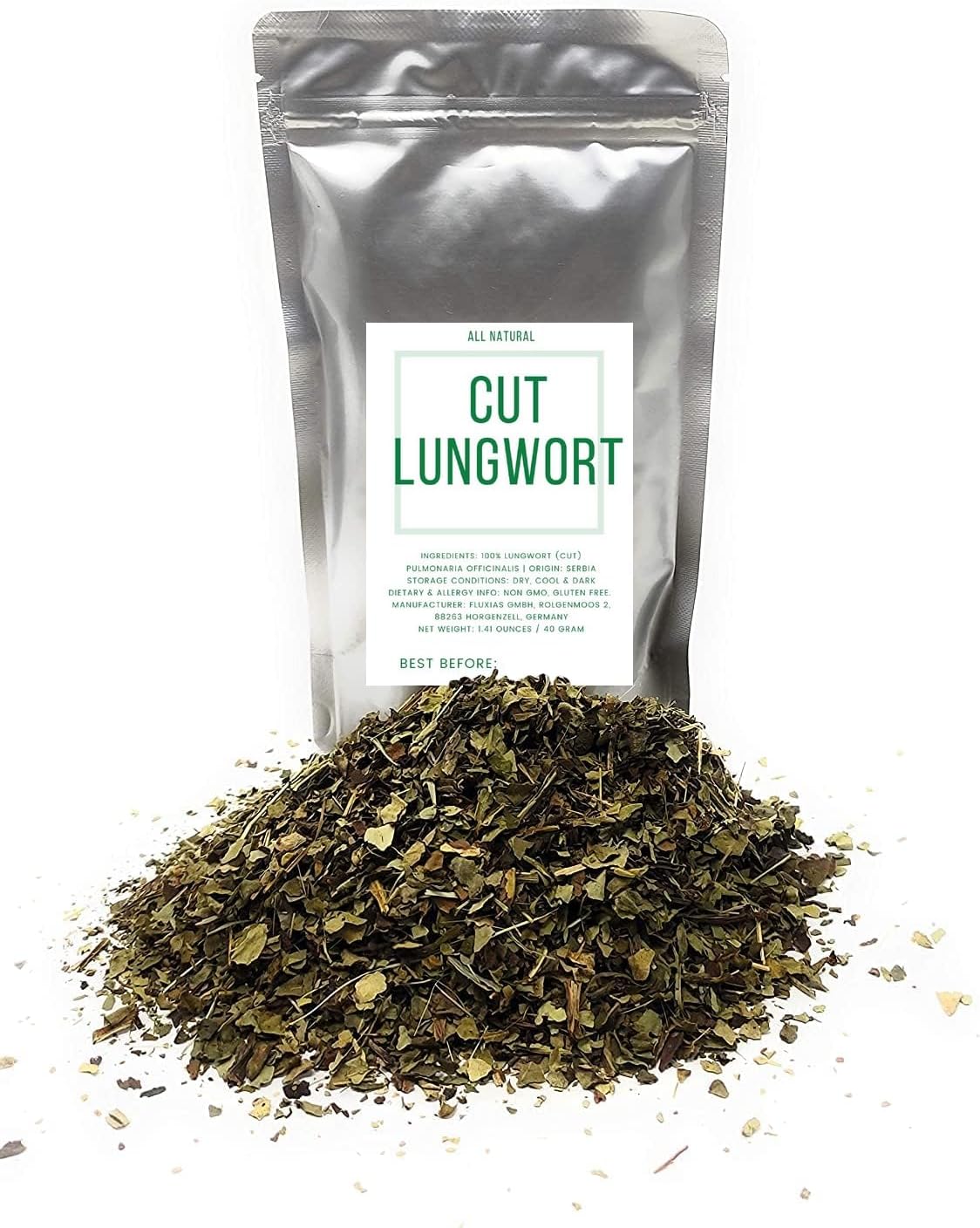 Lungwort Herb - Cut, Dried & Natural Lungwort (Pulmonaria Officinalis) - Origin: Serbia - Net Weight: 1.41 Ounces / 40 Grams