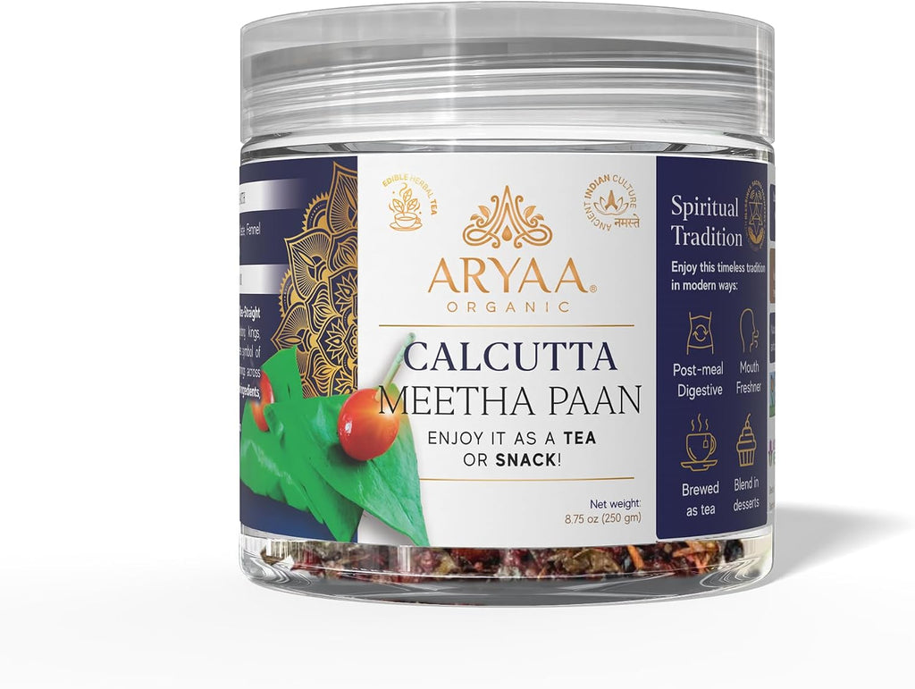 Aryaa Organic Calcutta Paan 8.75oz (250gm)- Elevate Your Snacking Experience | 100% Natural | Digestive Delight | Energy Infused | Vegan | Gluten-Friendly | Non-GMO (Calcutta Meetha)